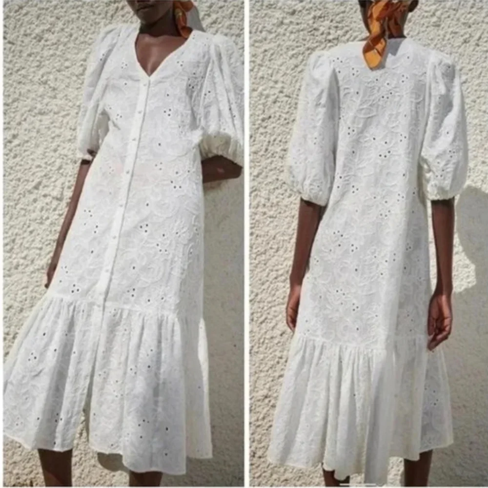 ZARA White MARTA Textured balloon/puff Sleeve Button Down Women's Dress - Picture 2 of 4